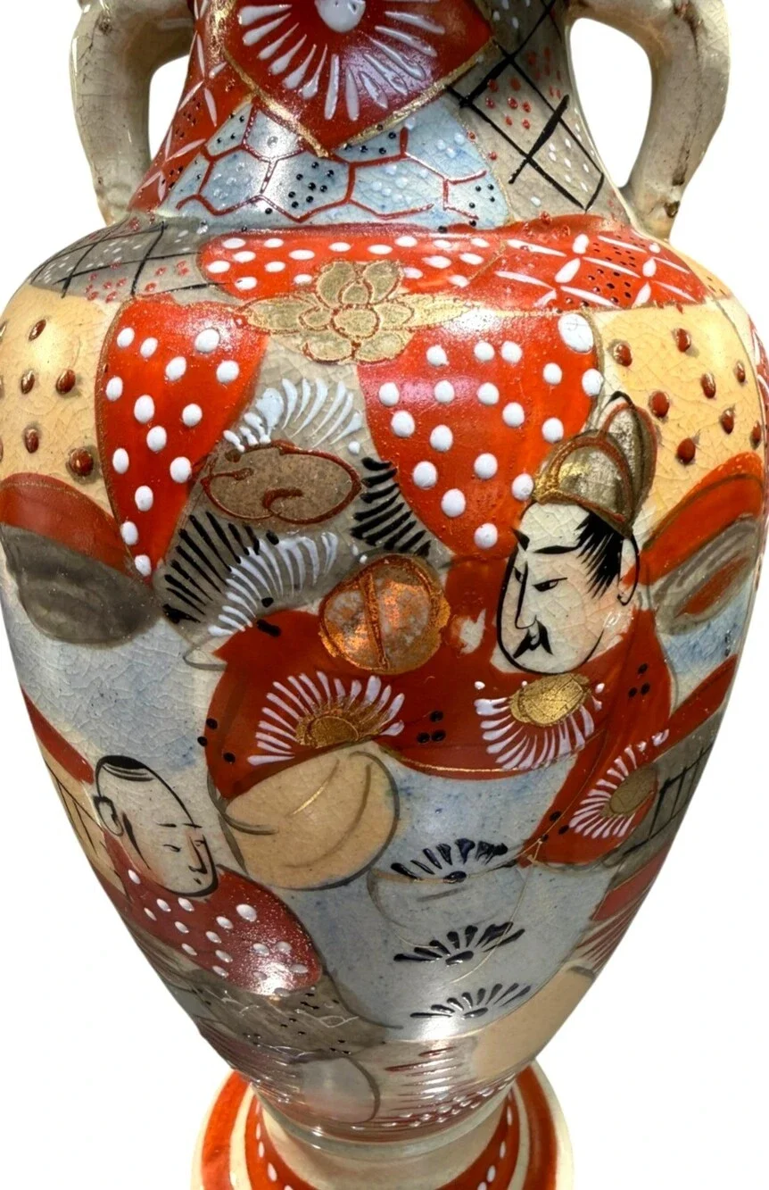 Antique Japanese Satsuma Moriage Figural Vase Elephant Handles 12
